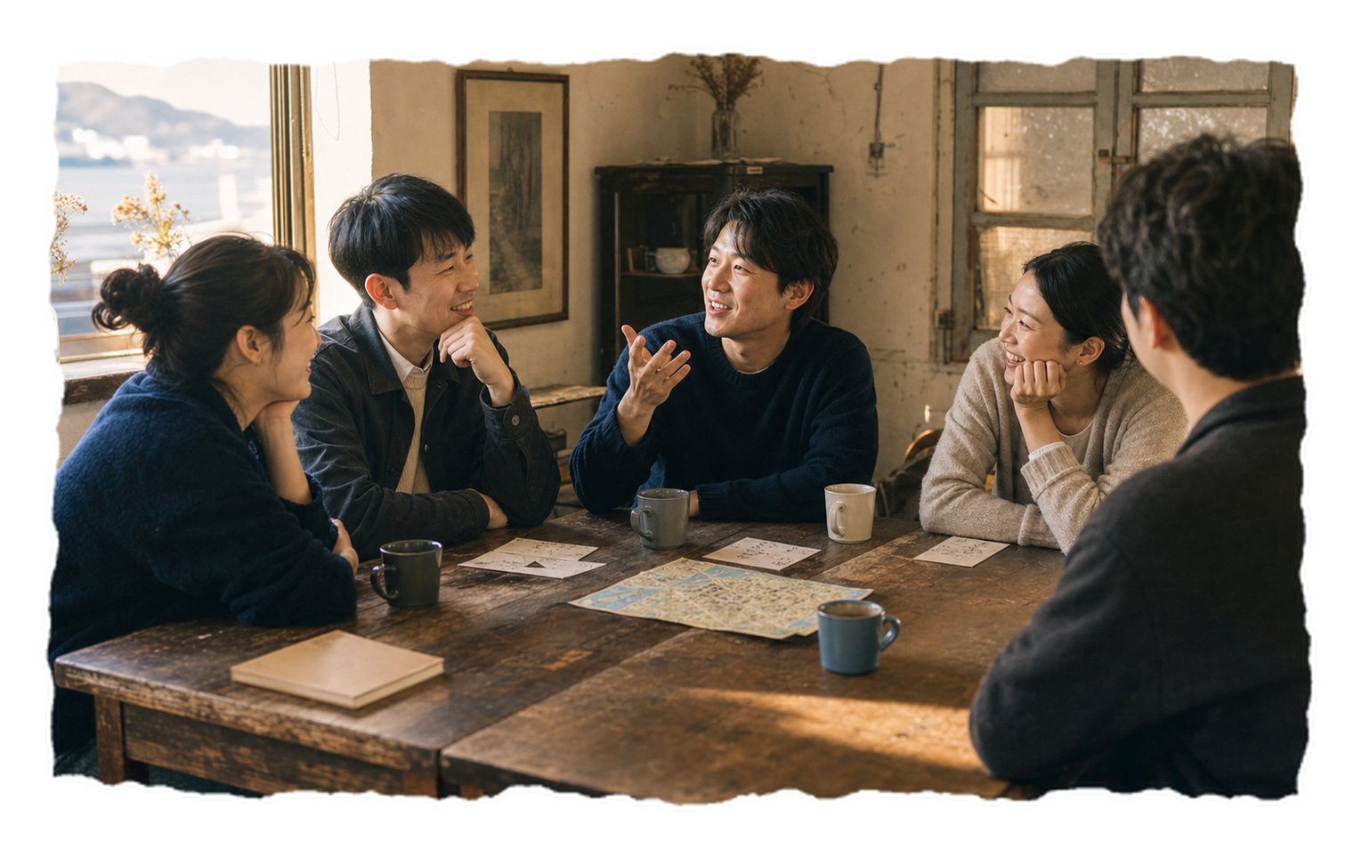 나무 테이블에 둘러앉아 편하게 이야기를 나누는 사람들