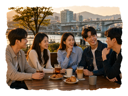 여행지 야외 카페에서 대화하는 청년 다섯 명