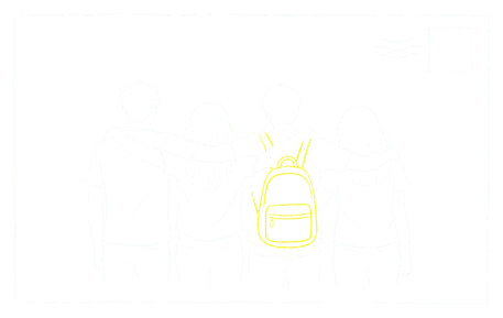 네 명의 친구가 어깨동무한 모습을 그린 우편 엽서 일러스트